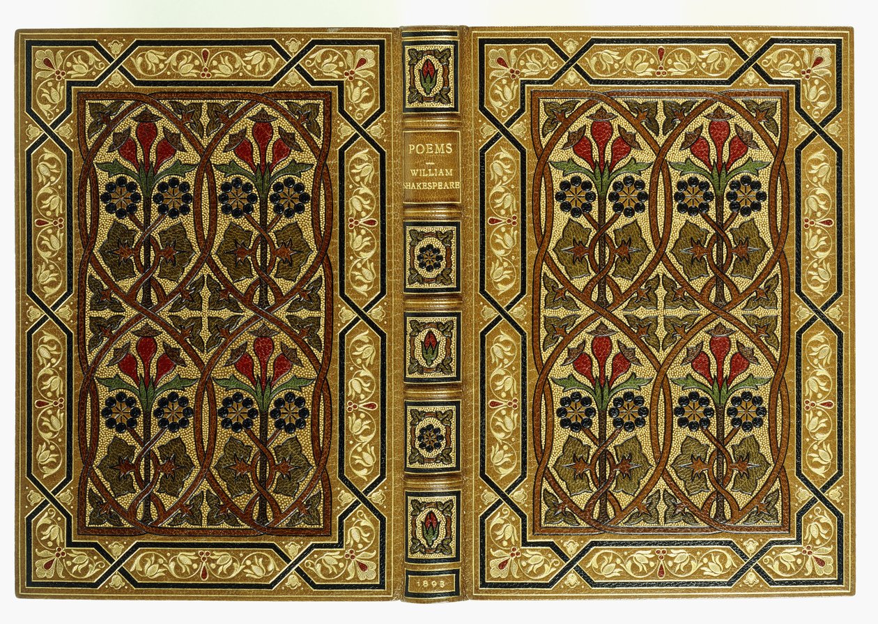 Övre och undre omslag, med blommor i art nouveau interlaced geometriska mönster, 1893 av English School