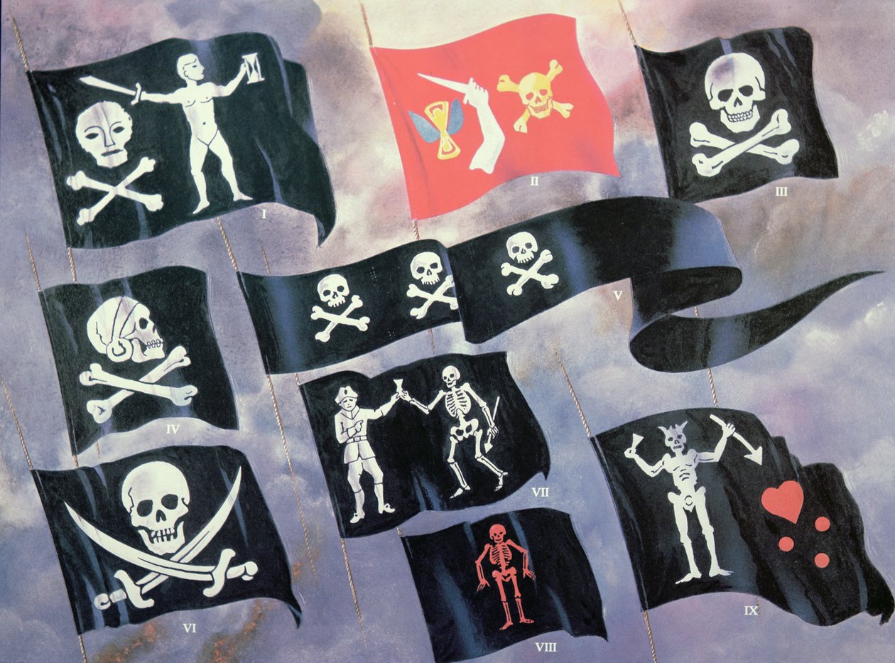 Olika flaggor som används av kända pirater (färg litho) av English School