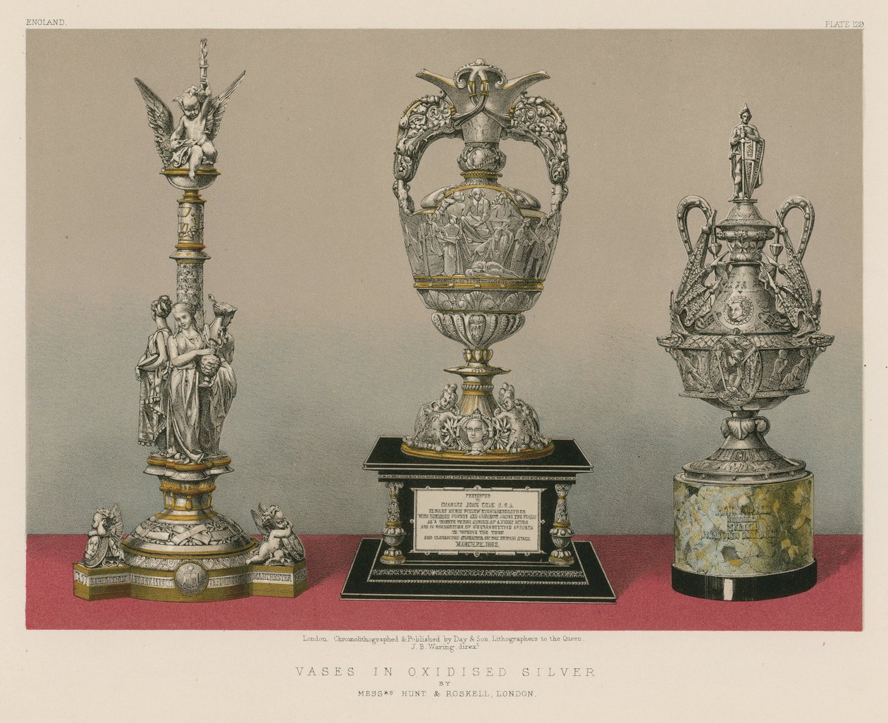 Vaser i oxiderat silver av Hunt and Roskell, London (chromolitho) av English School