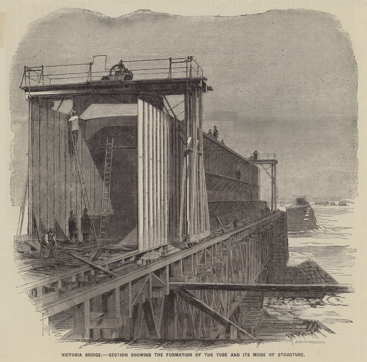 Victoria Bridge, sektion som visar rörets bildning och dess konstruktionssätt (gravyr) av English School