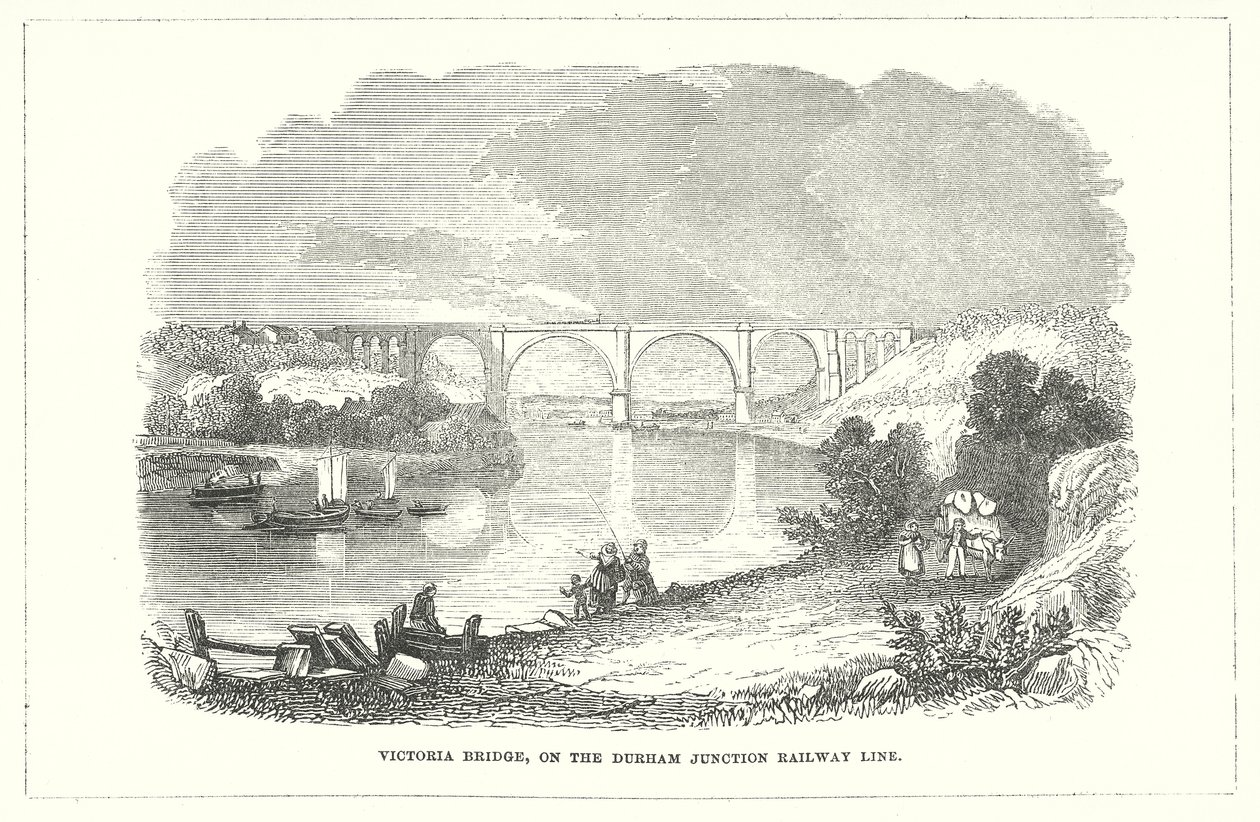 Victoria Bridge, på järnvägslinjen Durham Junction Railway Line (gravyr) av English School