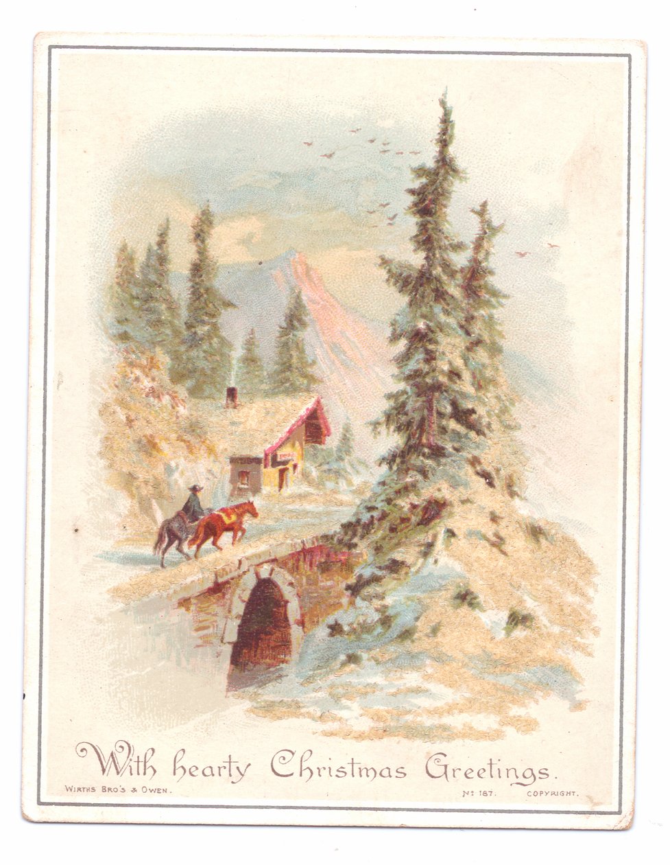 Viktorianskt julkort av en man och två hästar som korsar en bro, ca 1880 (färg litho) av English School
