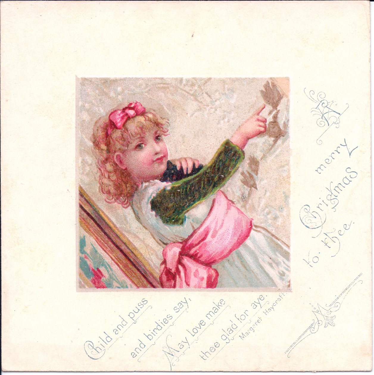 Viktorianskt julkort av en ung flicka som håller i en katt och pekar finger åt något, ca 1880 (färg litho) av English School