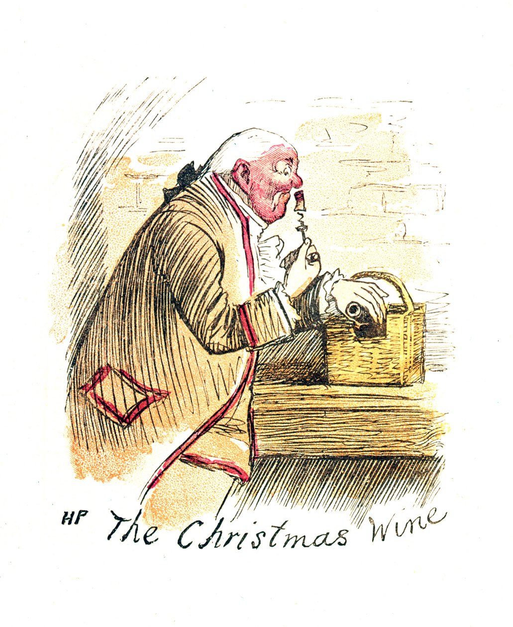 Viktorianskt julkort med titeln "The Christmas Wine" av English School