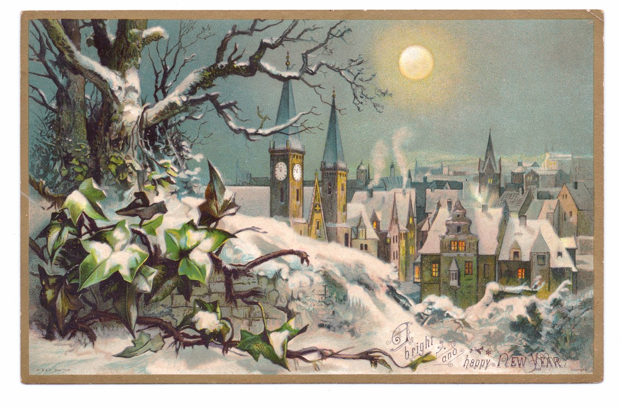 Viktorianskt nyårskort av en kyrka och hus en snöig månbelyst natt, ca 1880 (färg litho) av English School
