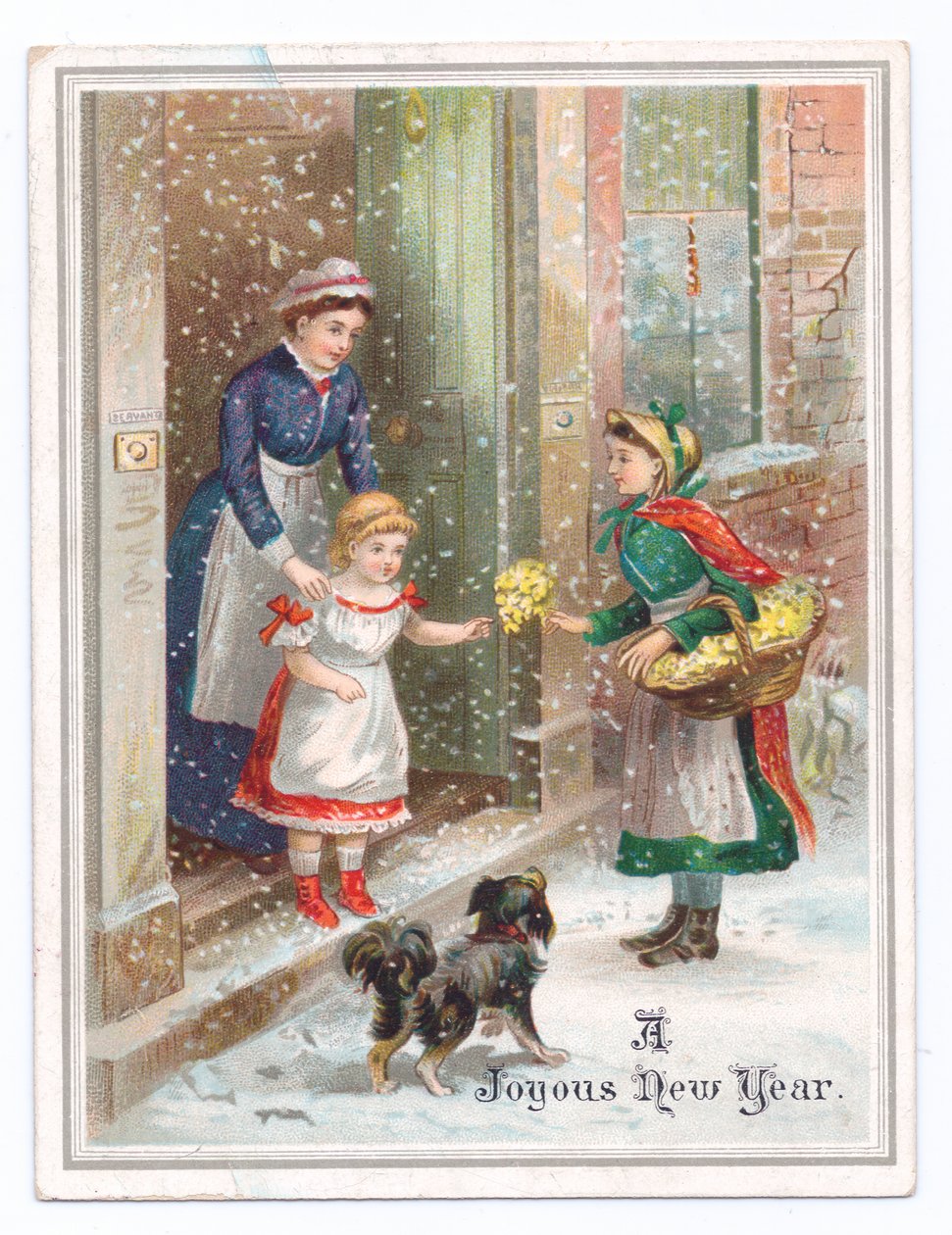 Viktorianskt nyårskort av en piga som håller fast vid en liten flicka när hon köper blommor från en blomförsäljare i den fallande snön, ca 1880 (färg litho) av English School