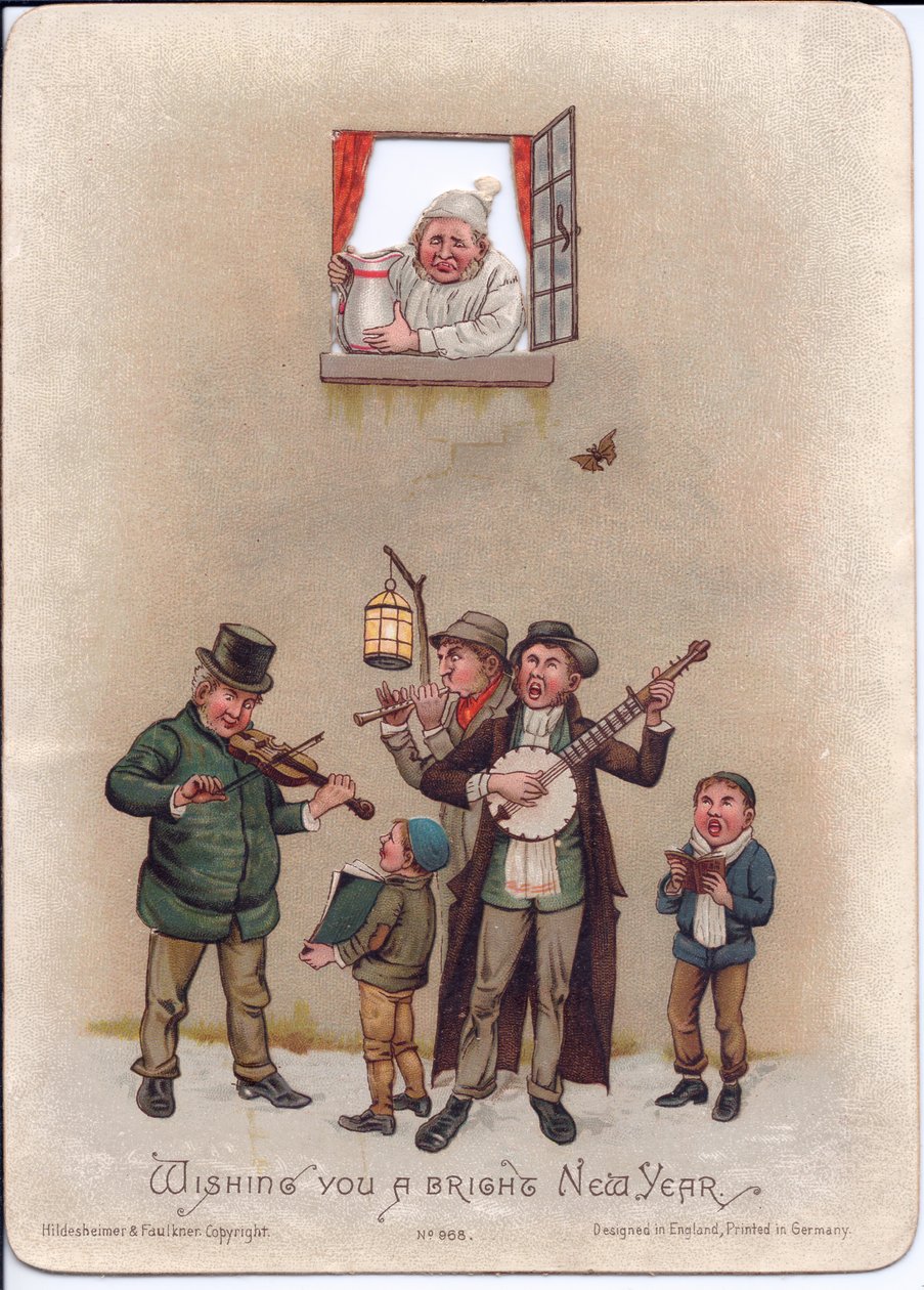 Viktorianskt nyårskort av en man i nattlinne som förbereder sig för att hälla en kanna vatten på några gatumusikanter nedanför, ca 1880 (färg litho) av English School