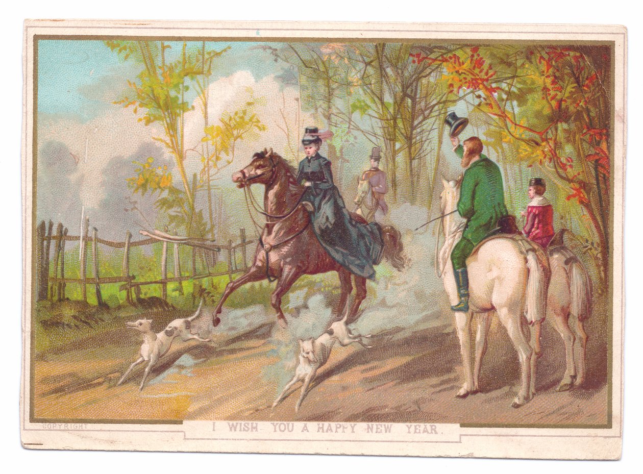 Viktorianskt nyårskort med en kvinna till häst med två hundar som hälsas av ett annat par, ca 1880 (färglitografi) av English School