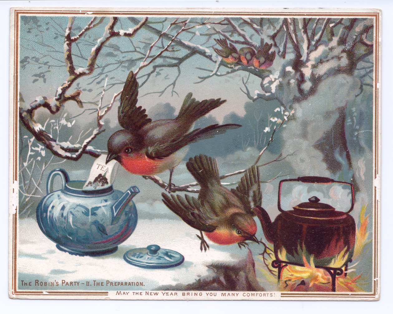 Viktorianskt nyårskort av rödhaker som gör te en snörik vinternatt, ca 1880 (färg litho) av English School
