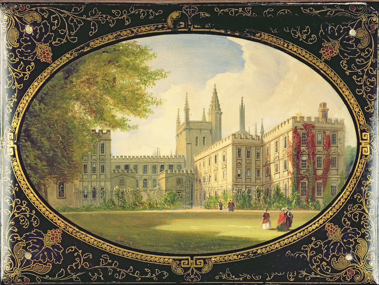 Viktoriansk blotter dekorerad med en scen av Garden Quad of New College, Oxford (papier mache) av English School