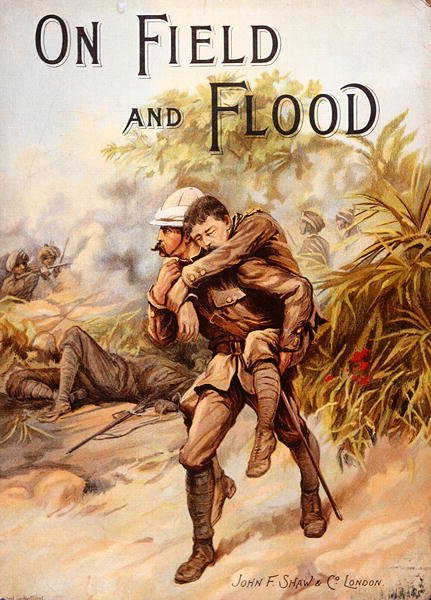 Viktoriansk bokomslag föreställande Surgeon-Captain Whitchurch som vann V.C. genom att bära den skadade kapten Baird i säkerhet under kraftig eld i Chitral-kampanjen, Indien, mars 1895 (färg litho) av English School