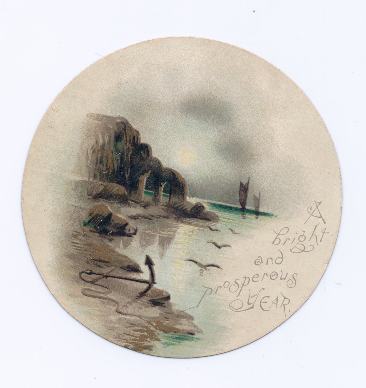 Viktorianskt cirkulärt nyårskort av en havsbild med två yachter en månbelyst natt, ca 1880 (färg litho) av English School