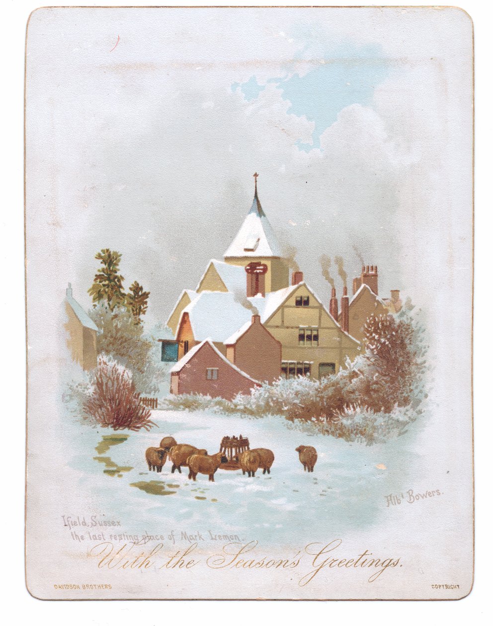 Viktorianskt gratulationskort med får som vandrar nära en kyrka i snön, ca 1880 (färg litho) av English School
