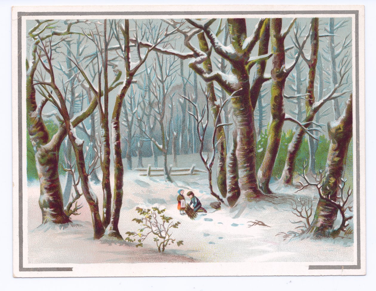 Viktorianskt gratulationskort av två barn som samlar grenar i snön, c.1880 (färg litho) av English School