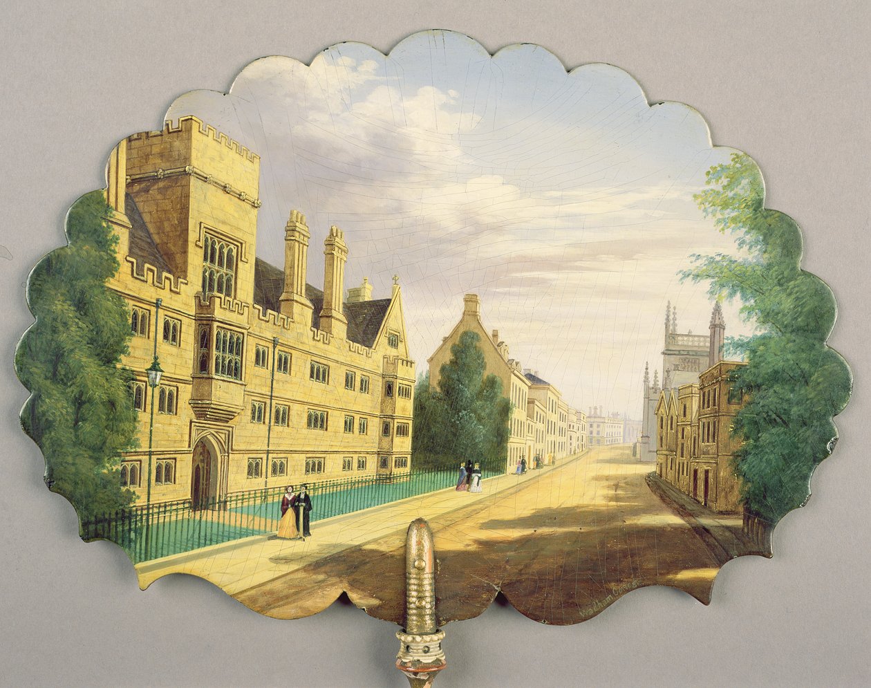Viktoriansk skärm, med en scen från Wadham College, Oxford med Bodleian Library och Hertford College i bakgrunden (papier mache) av English School