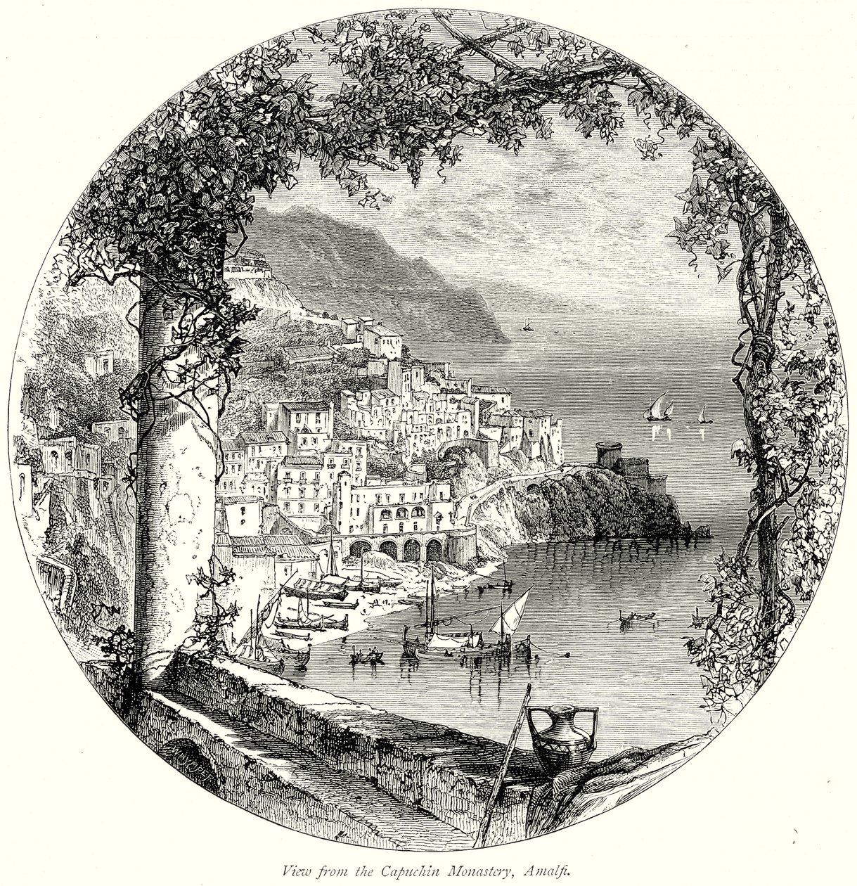 Utsikt från kapucinerklostret i Amalfi (gravyr) av English School