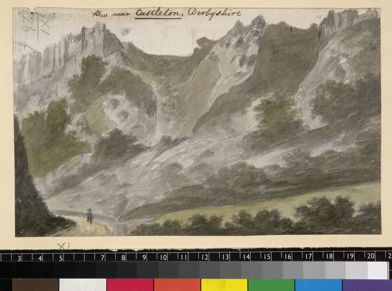 Utsikt nära Castleton, Derbyshire, ca 1790 (akvarell över penna på papper) av English School