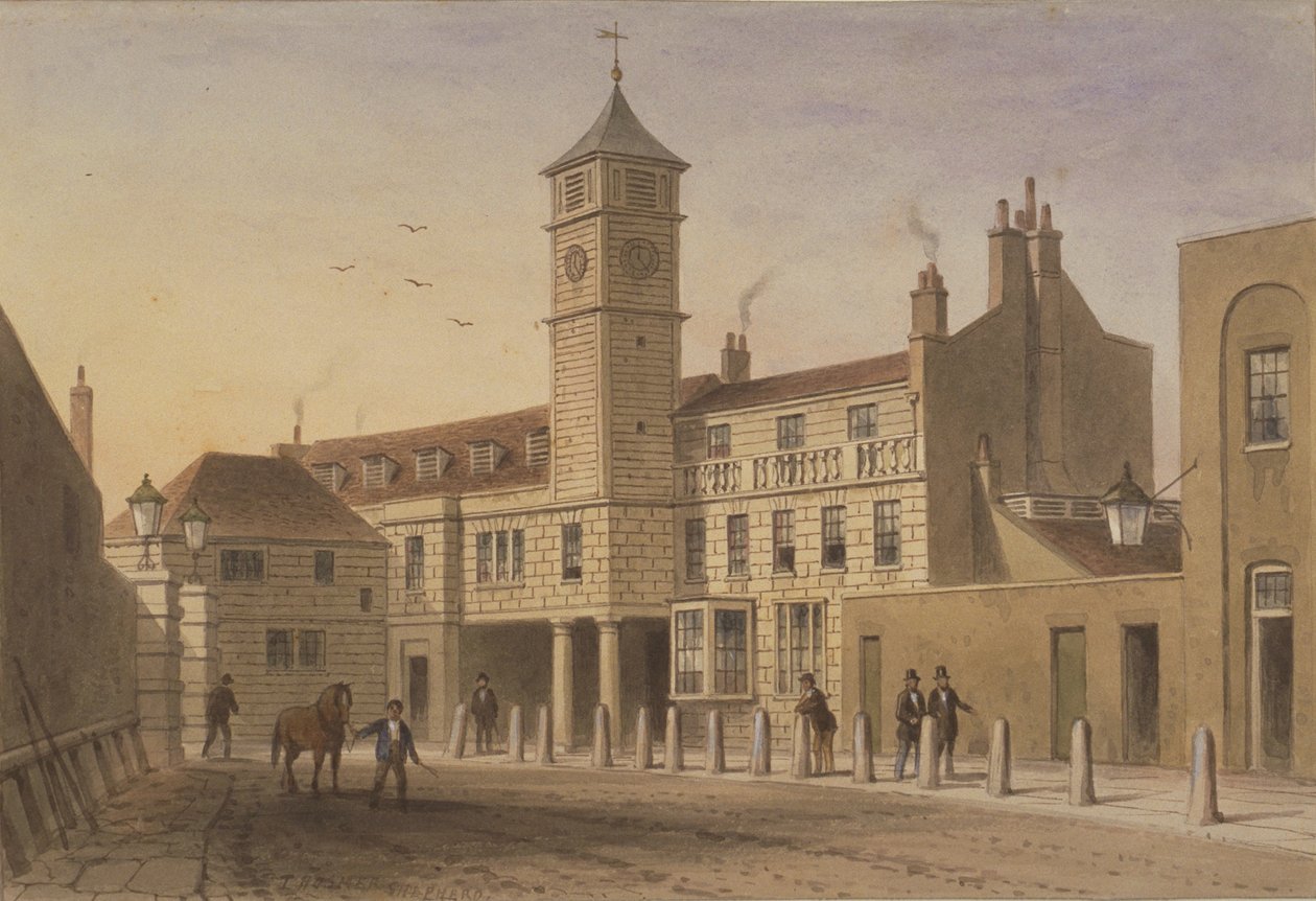 Utsikt över Bridge House i Bridge Yard, Tooley Street, 1846 (wc på papper) av English School