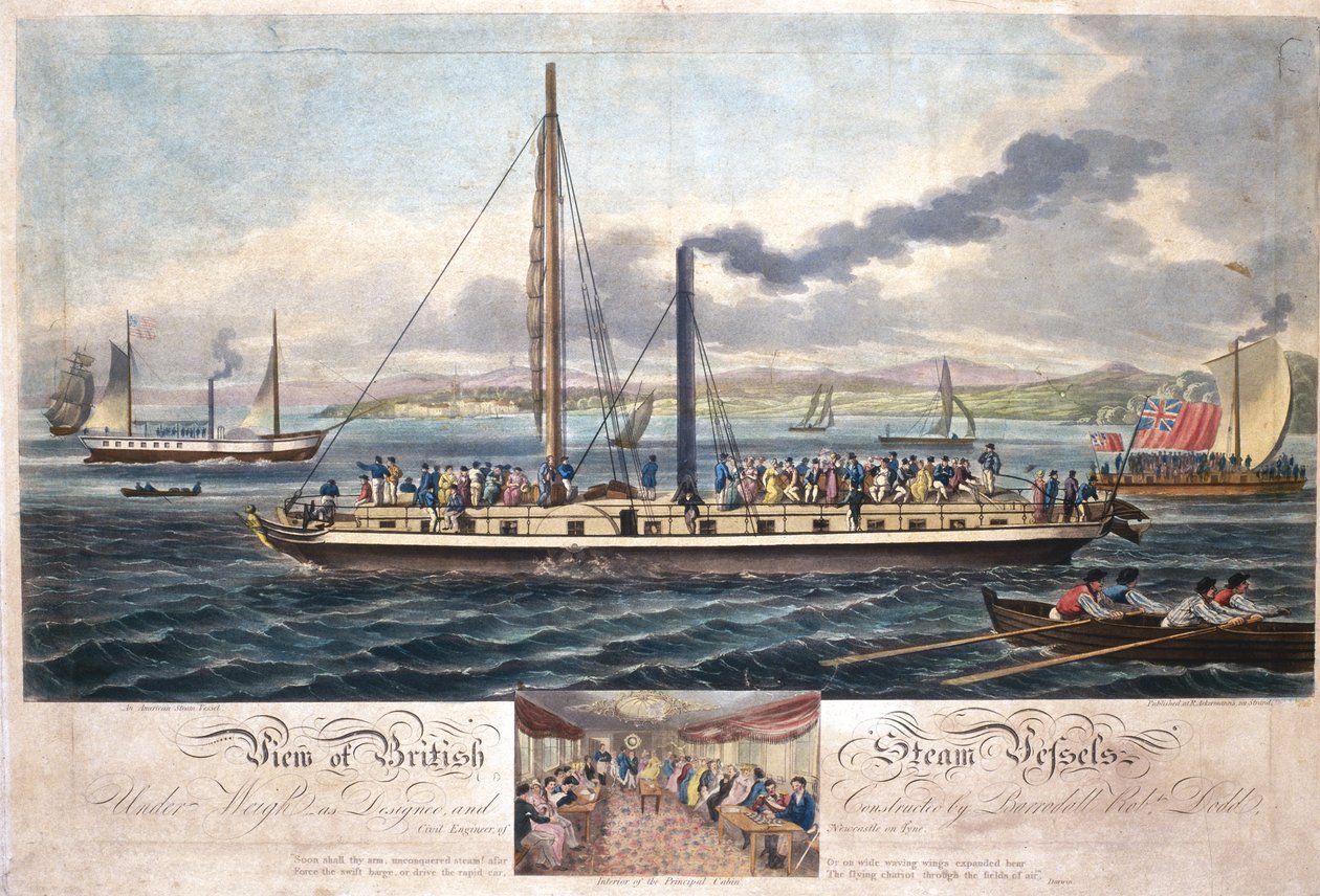 View of British Steam Vessels, publicerad av R. Ackermann, 1820-51 (färgad akvatint) av English School