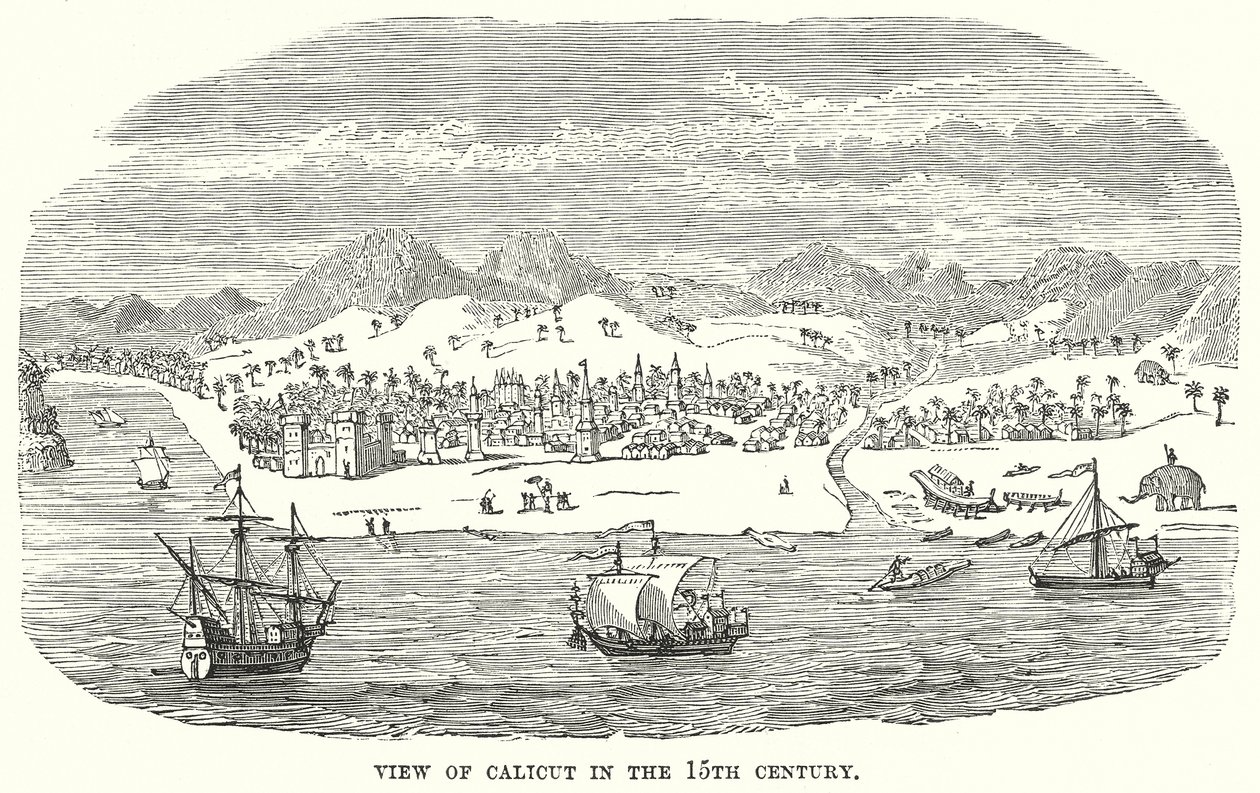 Vy över Calicut på 1400-talet (gravyr) av English School