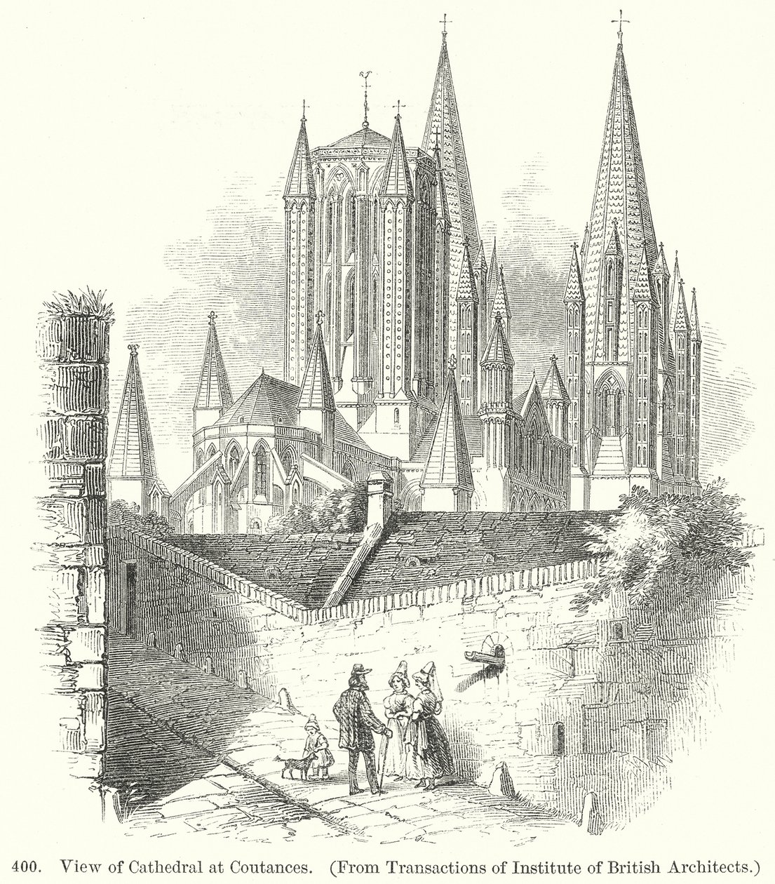 Vy över katedralen i Coutances (gravyr) av English School