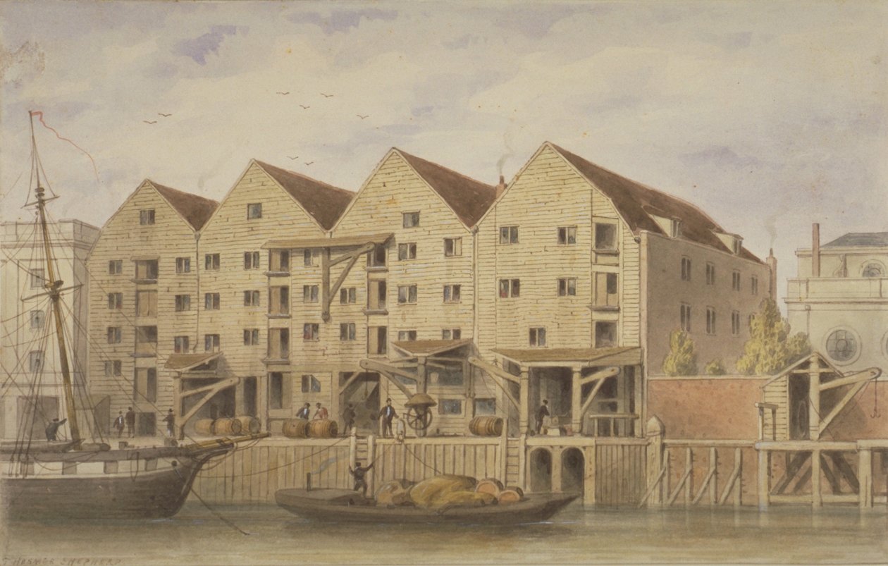 Utsikt över Chamberlains Wharf, Tooley Street, 1846 (wc på papper) av English School