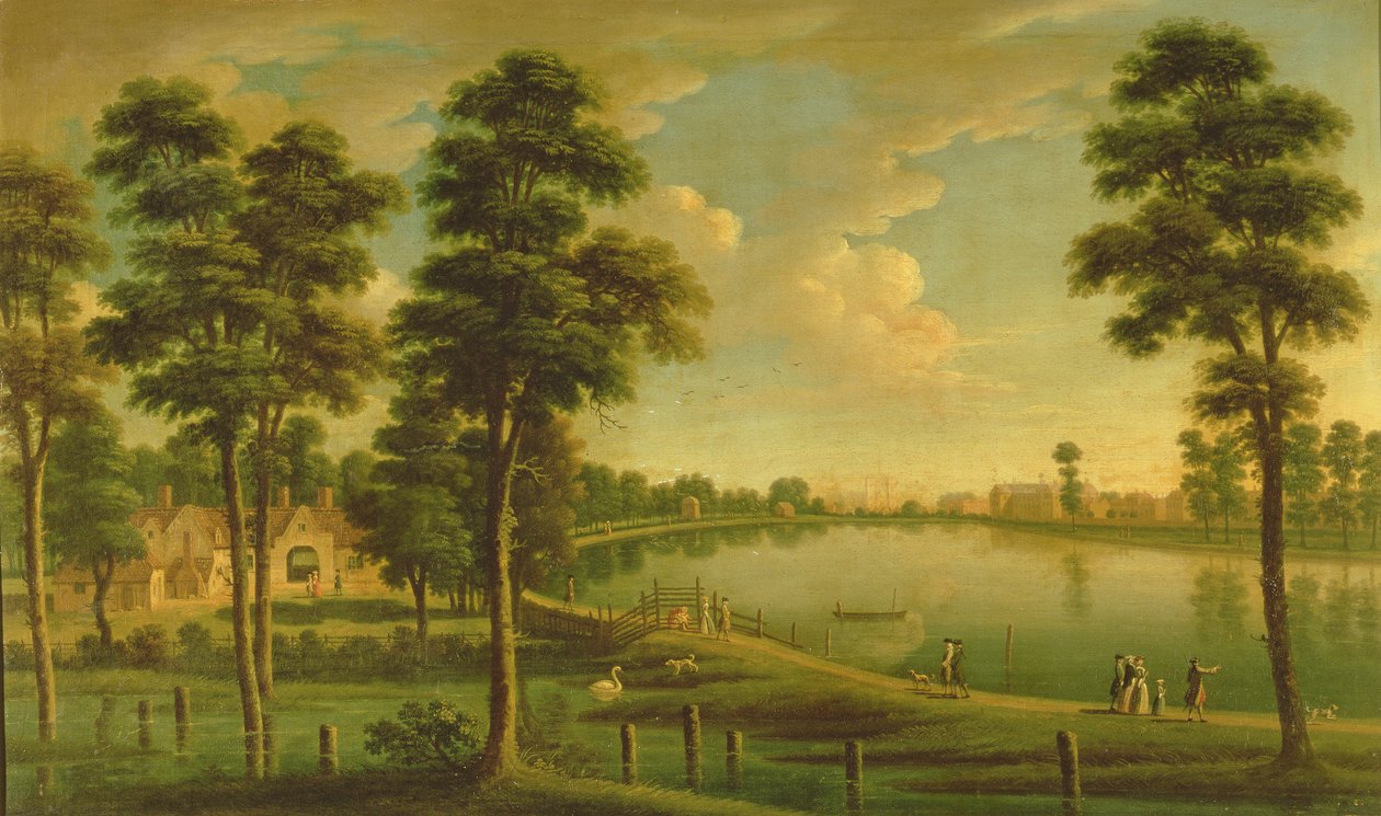 Utsikt över Chelsea Reservoir och Waterworks, med Westminster Abbey i fjärran, ca 1725 av English School