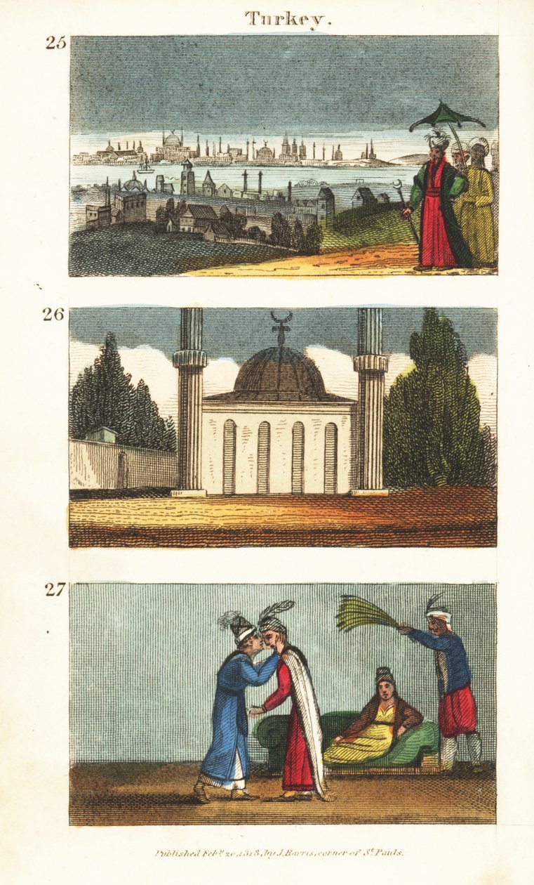 Utsikt över Konstantinopel (Istanbul) i början av 1800-talet 25, muslimsk moské med kupol och minareter 26 och unga grekiska kvinnor som kysser varandra på ögonen 27 av English School