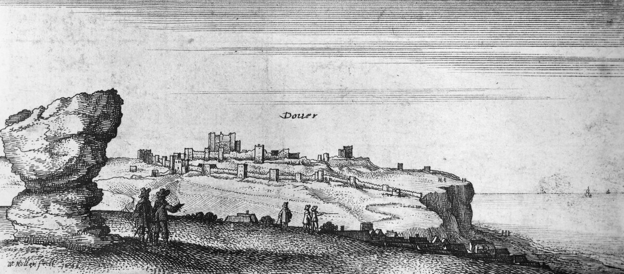 Utsikt över Dover Castle (gravyr) (bw foto) av English School