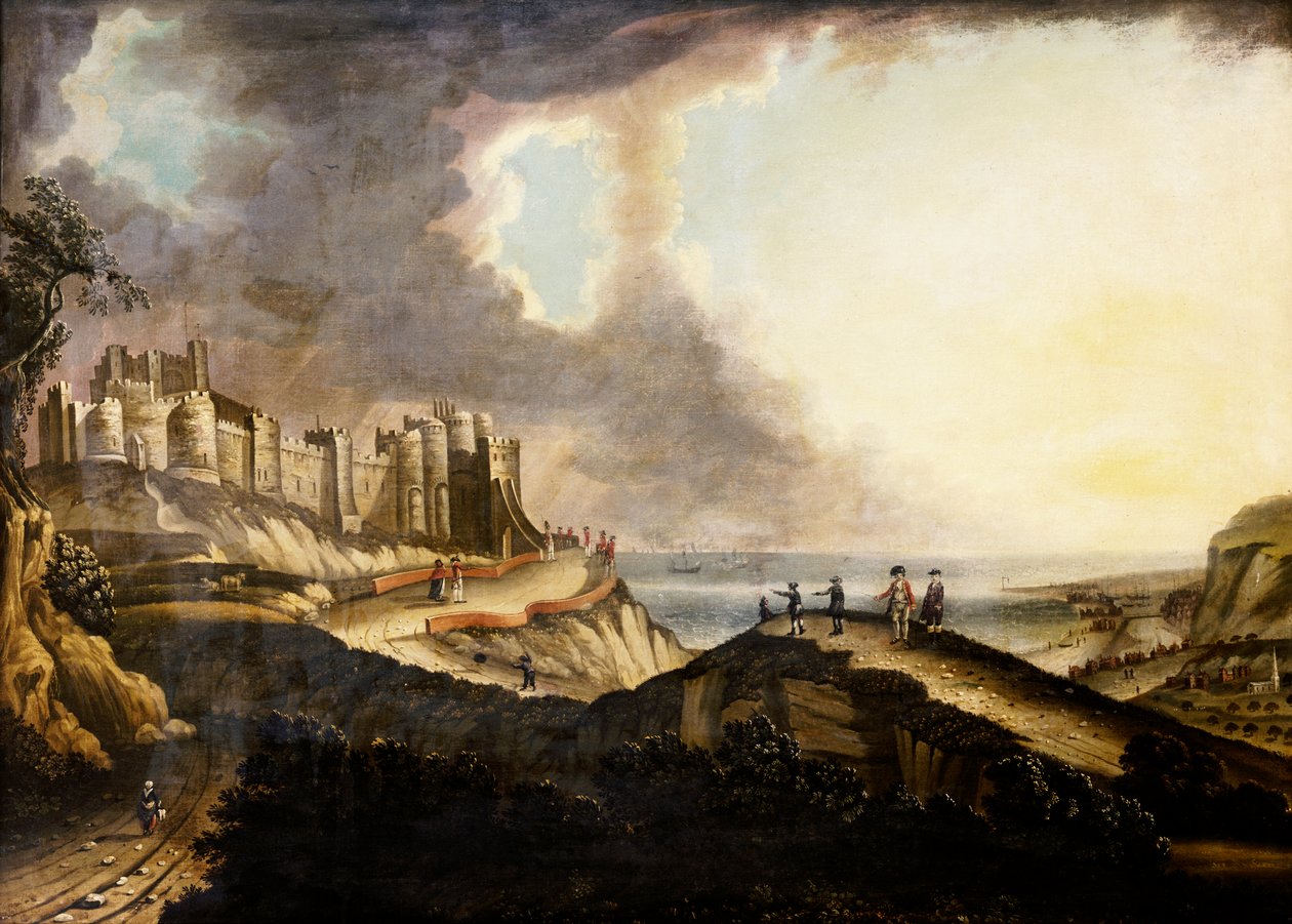 Utsikt över Dover Castle (olja på duk) av English School