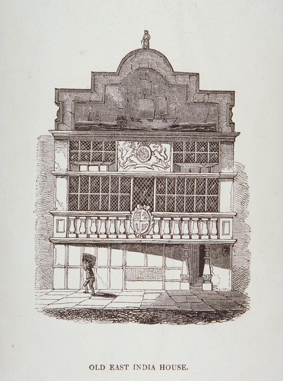 Vy över East India House, med figur framtill, c.1700 av English School