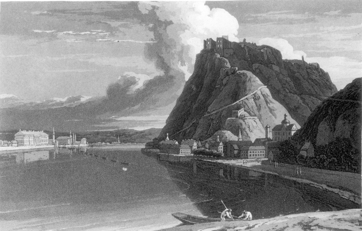 Utsikt över Ehrenbreitstein och Coblenz, från en rundtur genom Holland, längs Rhens högra och vänstra strand till södra Tyskland av Sir John Carr, publicerad 1807 av English School