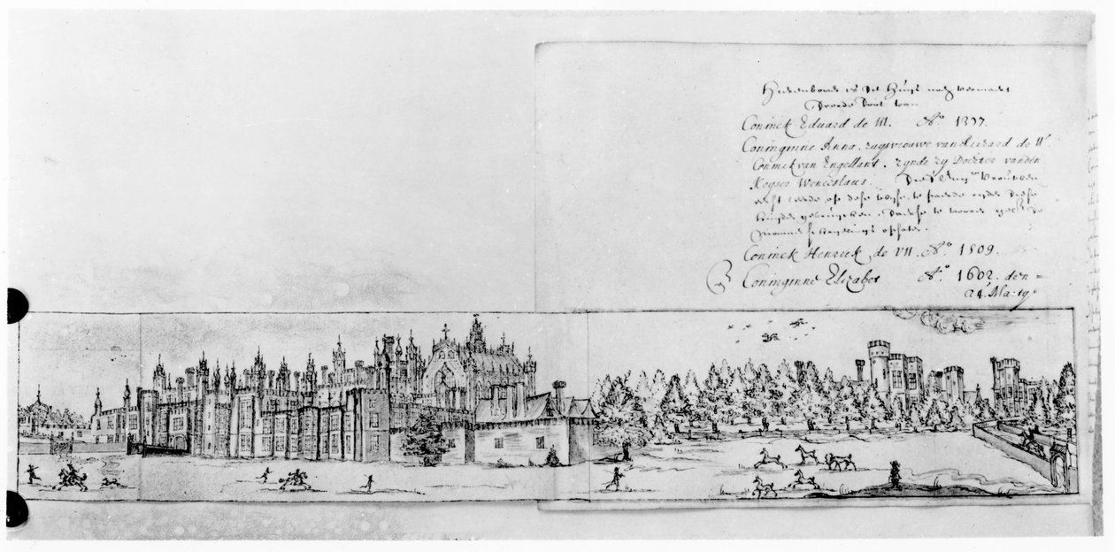 Utsikt över Hampton Court Palace (penna och bläck) av English School