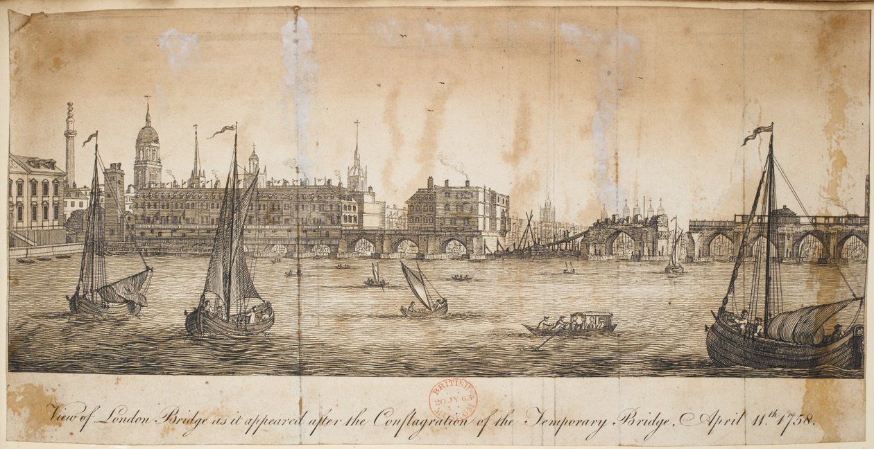 Vy över London Bridge som den såg ut efter att den tillfälliga bron hade byggts, 11 april av English School