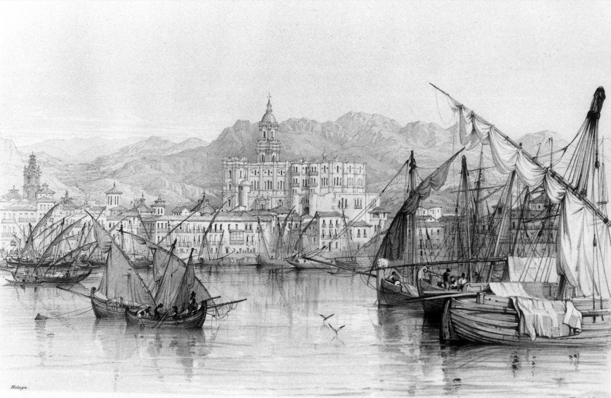 View of Malaga, från Spanish Scenery av George Vivian, publicerad 1838 av English School