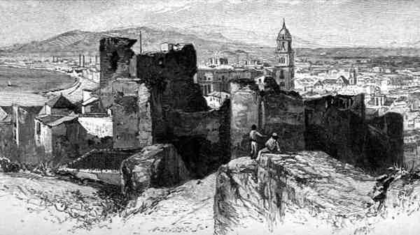 Utsikt över Malaga från Alcazar, Spanien, från "The Picturesque Mediterranean", volym 3, publicerad av Cassell and Co. Ltd. av English School