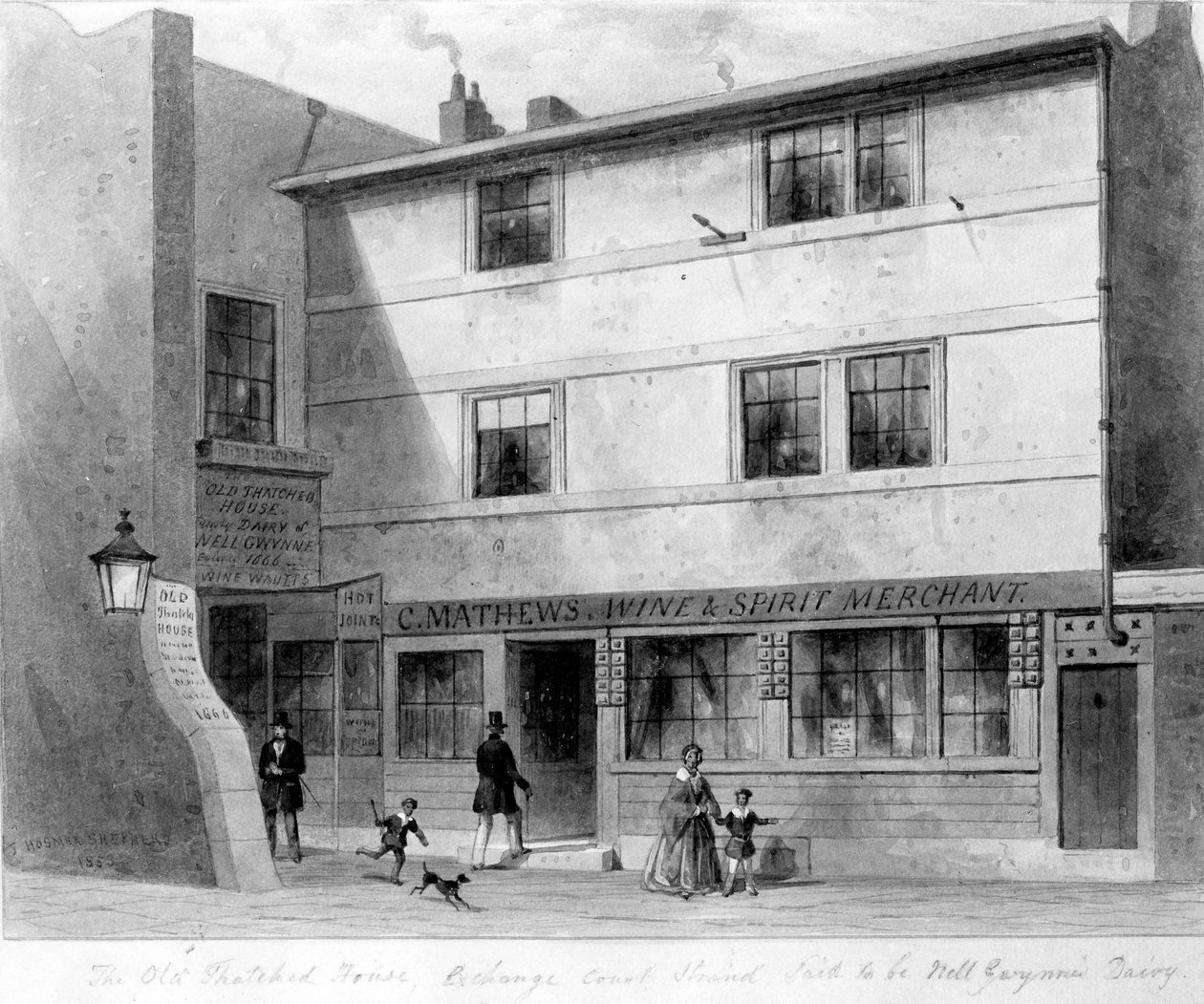 Utsikt över det gamla halmtakshuset, Exchange Court, 1853 av English School
