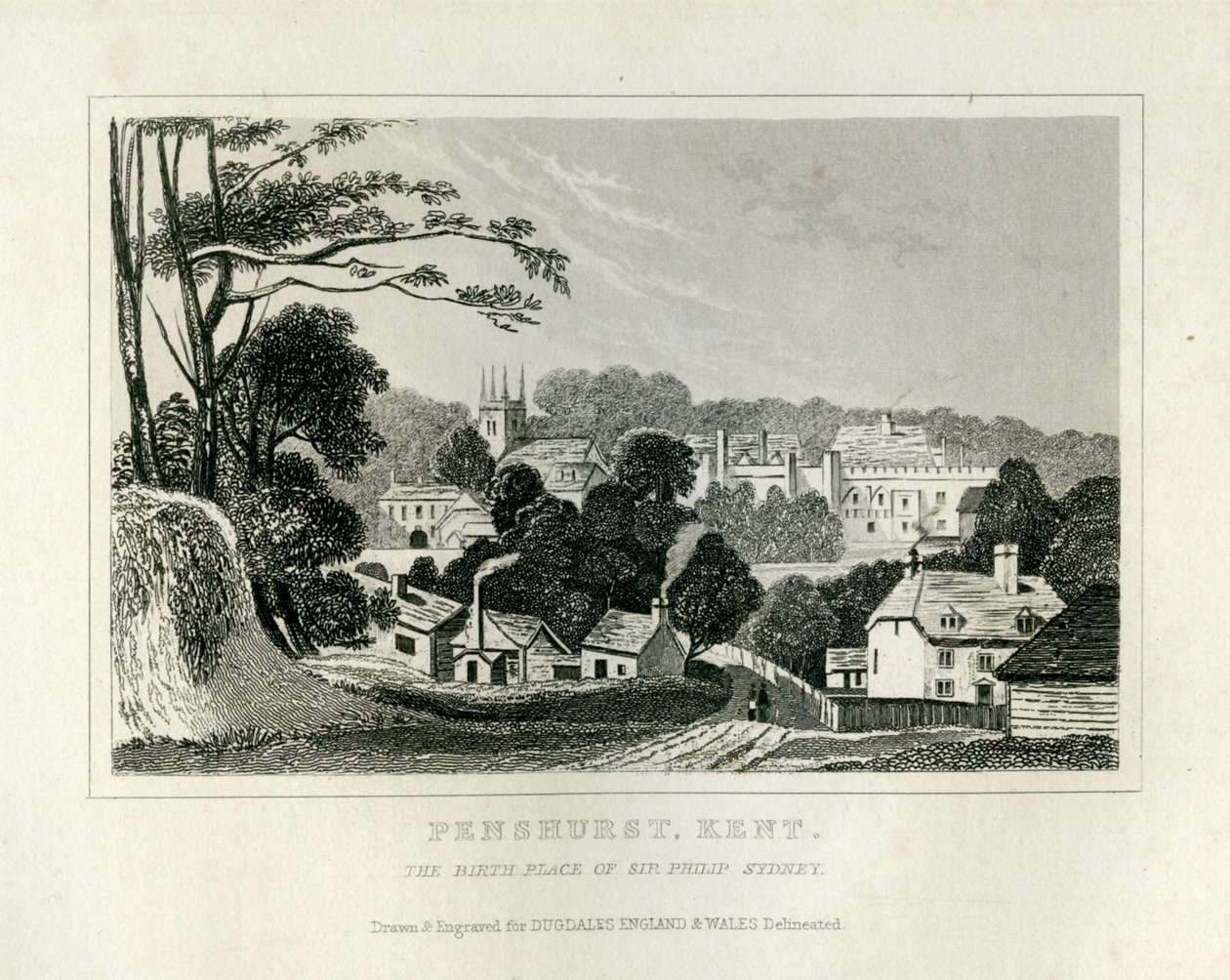 Utsikt över Penshurst, Kent, ca 1840 av English School