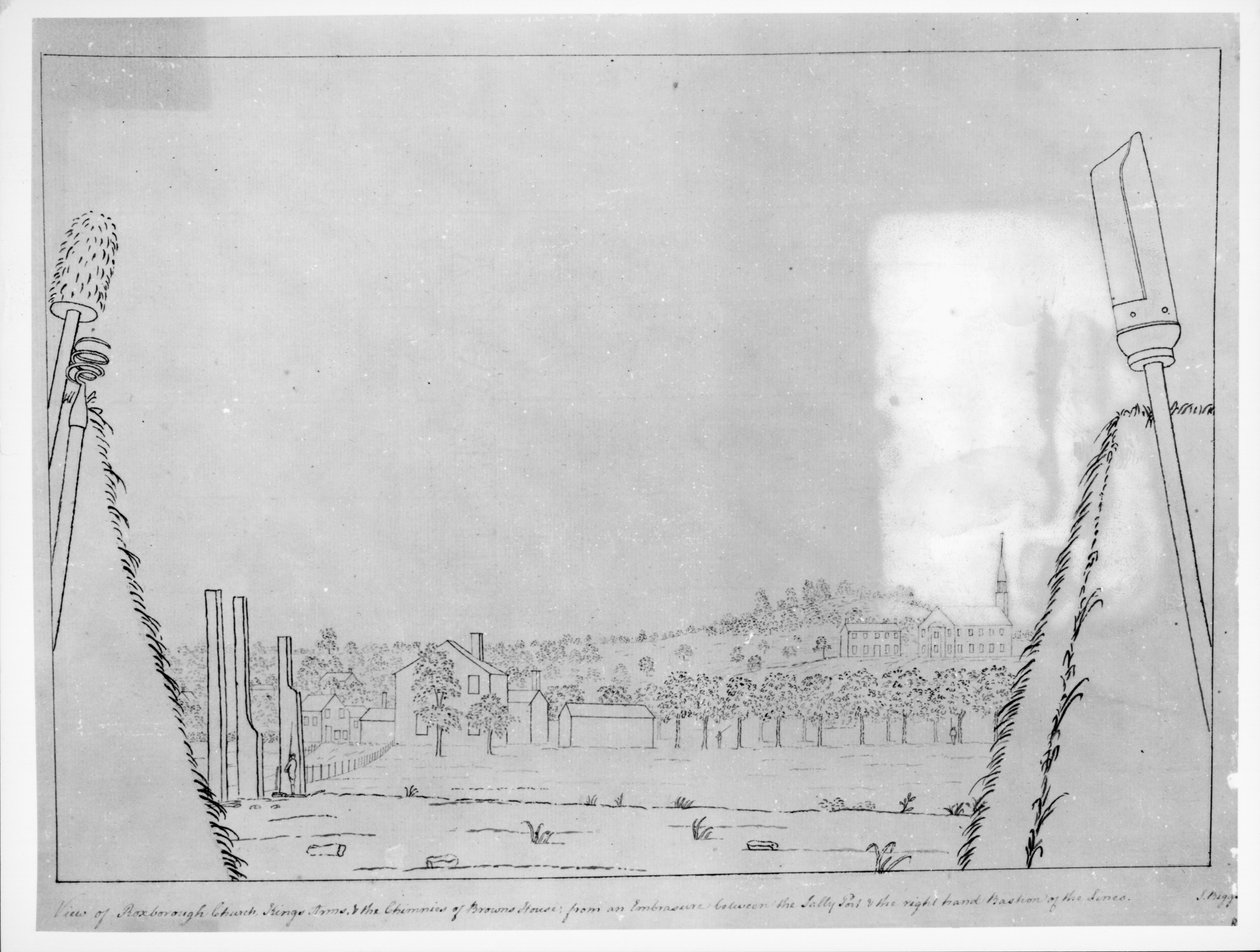 Vy över Roxborough Church, Kings Arms och Browns House skorstenar, från en skyttegrav mellan den öppna porten och linjernas högra bastion, 1776 av English School
