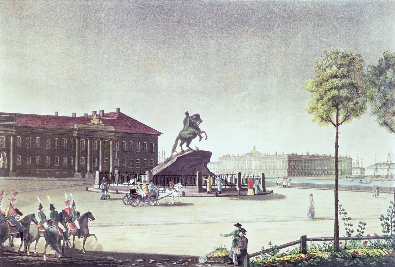 Utsikt över St.Peter the Great Square och St.Petersburg Senate, publicerad av Boyer, London 1815 (färg litho) av English School