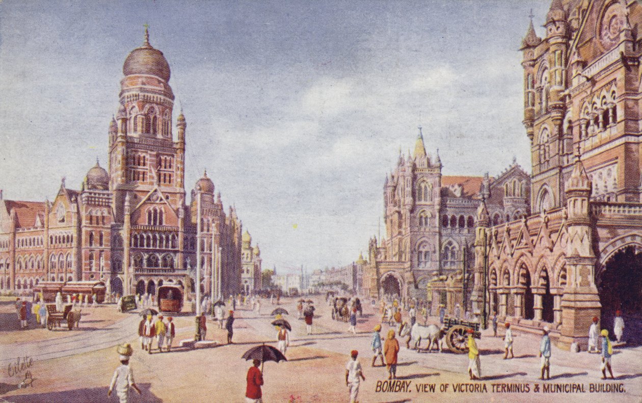Vy över Victoria Terminus  Municipal Building, Bombay (färglitografi) av English School