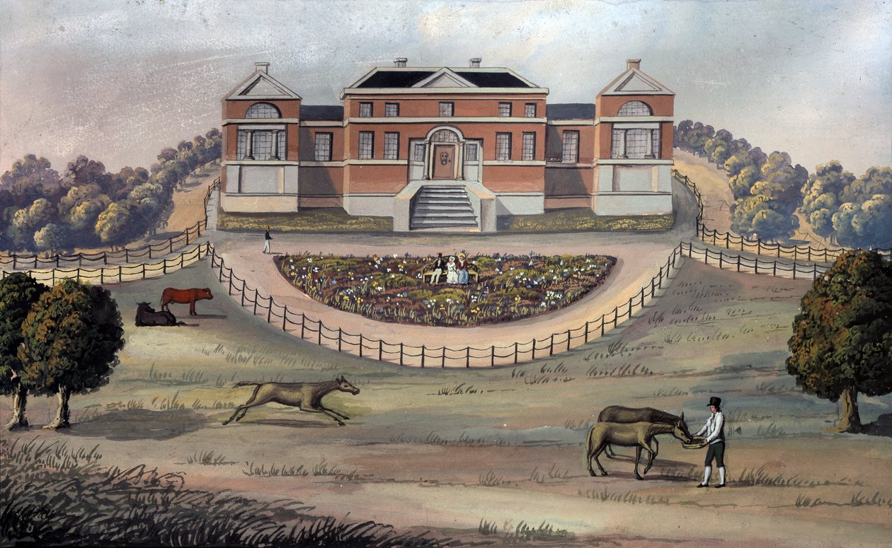 Utsikt över ett hus på landet i en park, ca 1825 (gouache på papper) av English School