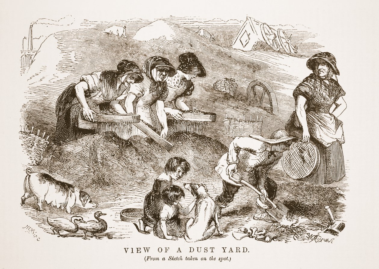 Vy över en dammgård, illustration från London Labor och London Poor av Henry Mayhew, pub. 1862 av English School
