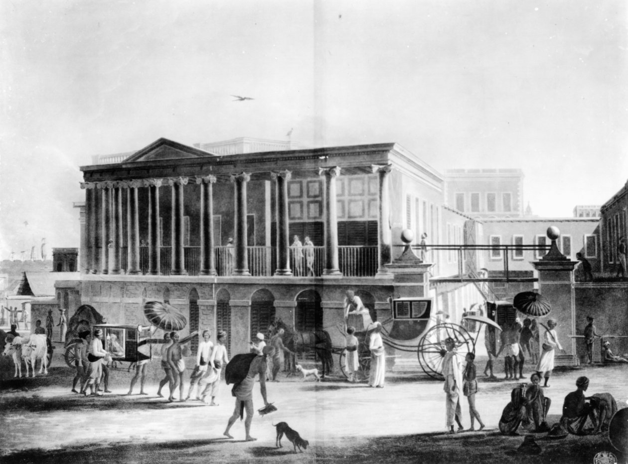 Utsikt över ett hus, fabrik och basar, i Calcutta, graverad av Francis Jukes, 1795 (akvatint) av English School