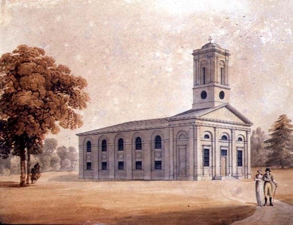 Utsikt över en nyklassisk kyrka i en park, ca 1790 (akvarell på papper) av English School