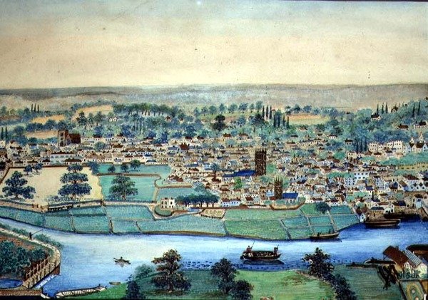 Utsikt över en stad och flod, ca 1830 (akvarell på papper) av English School