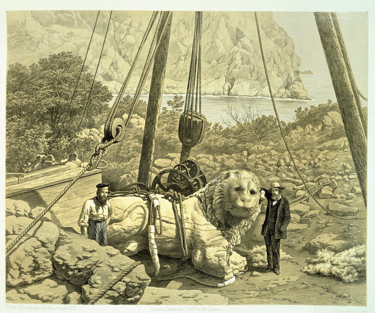 Utsikt över ett kolossalt lejon som föds upp, från A History of Discoveries at Halicarnassus, Cnidus, & Branchidae, av Charles Thomas Newton (1816-94) publicerad 1862 av English School