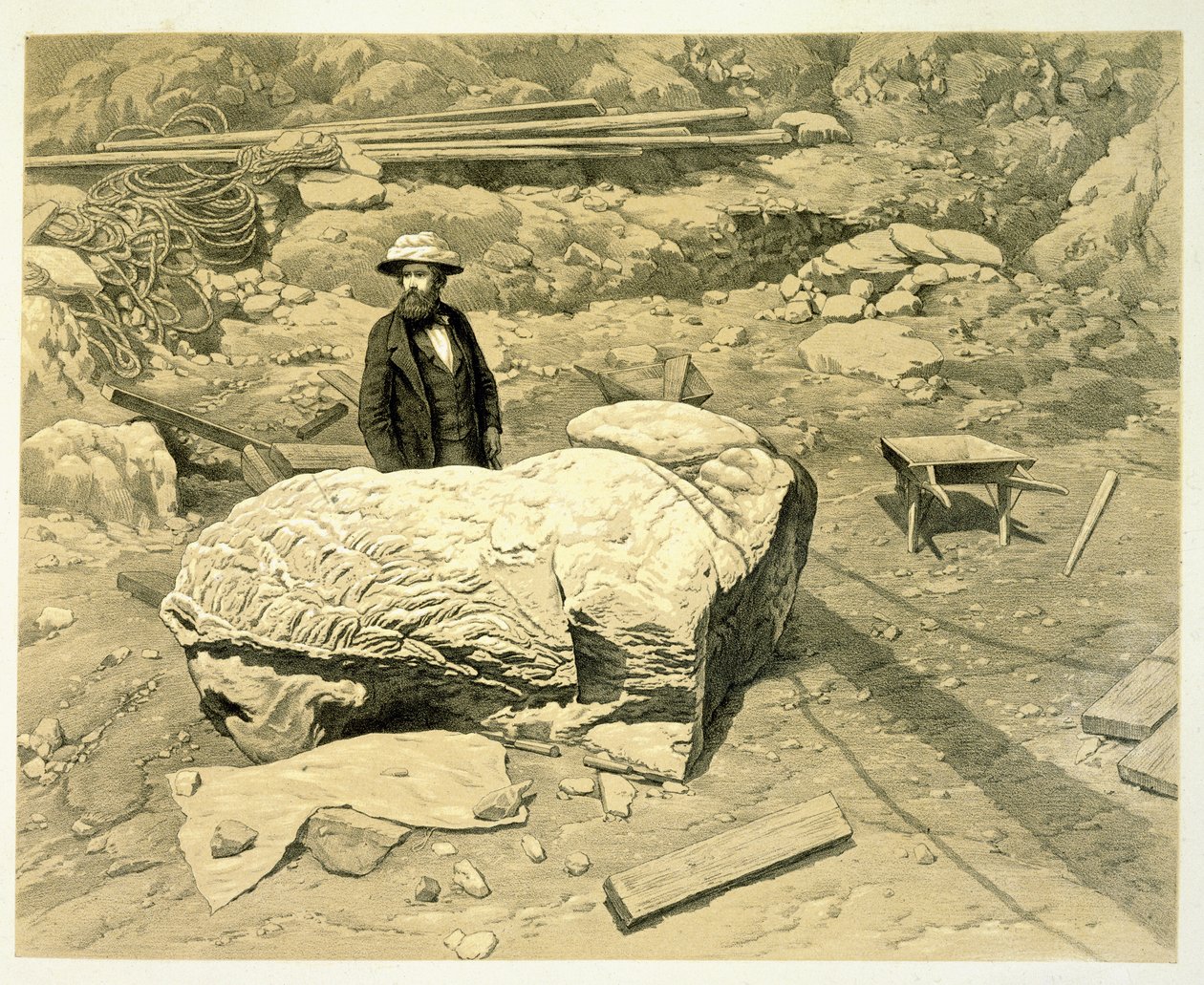 Utsikt över ett kolossalt lejon på sin sida, med Newton bakom, från A History of Discoveries at Halicarnassus, Cnidus, & Branchidae, av Charles Thomas Newton (1816-94) publicerad 1862 av English School