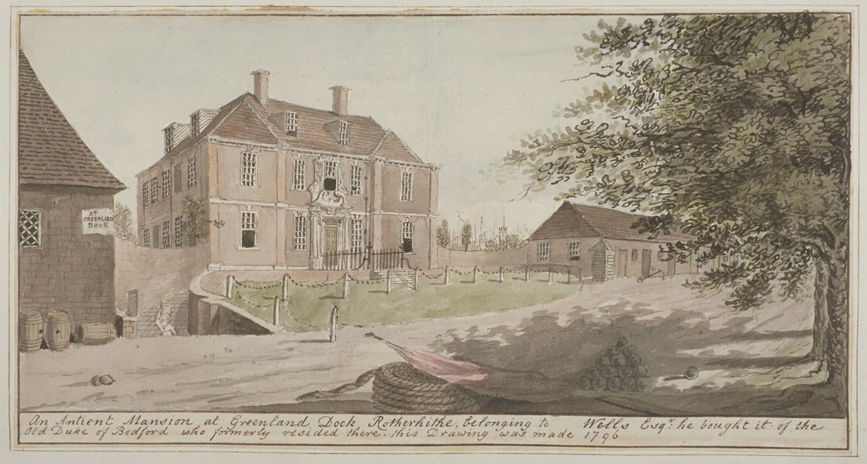 Utsikt över en gammal herrgård vid Greenland Dock i Rotherhithe, Bermondsey, 1796 (wc på papper) av English School
