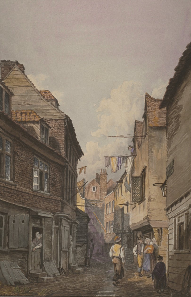 Vy över figurer i Glean Alley, Bermondsey, ca 1825 (wc på papper) av English School